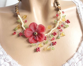 Red Spring necklace summer geranium flower