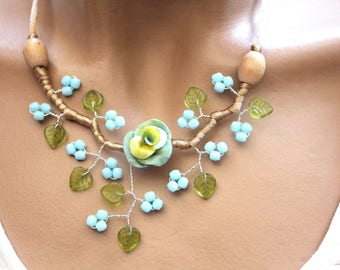 Necklace blue and green floral spring summer