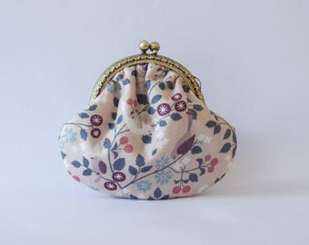 Retro purse in birds, flowers, pink background print fabric