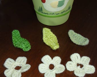 set of three flowers and three leaves crocheted with wool - new