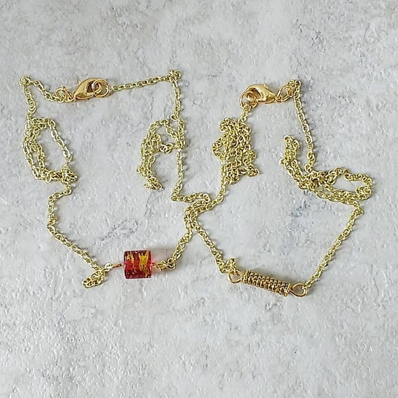 Handmade gold tone chain necklace with choice of red/ gold