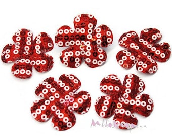 Red set of 5 flowers embellishment scrapbooking also sequins fabric