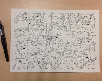 Black and white original drawing on ivory paper.