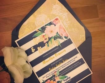 Kate Spade Inspired Navy White and Gold Summer floral baby shower invitation