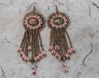 Embroidered "Erlinda" unakite earrings