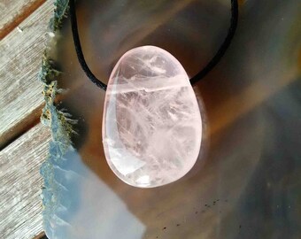 Rose quartz mounted black cord pendant