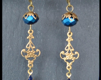 Earrings baroque, navette set Blue Navy and brass stamping
