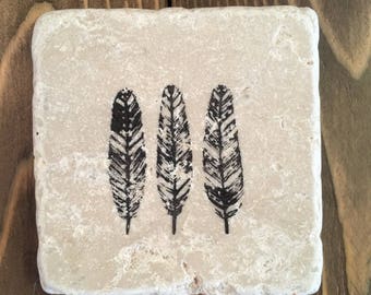 Rustic Natural Stone Feather Coaster Set
