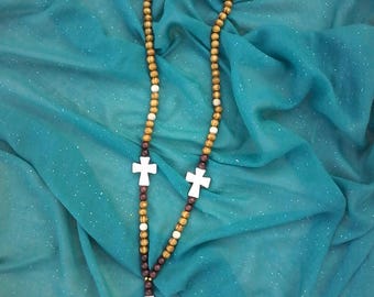 Wood beads and ceramic cross necklace