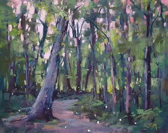 Fireflies in the FOREST Trees Landscape Original Pastel Painting Karen Margulis 8x10