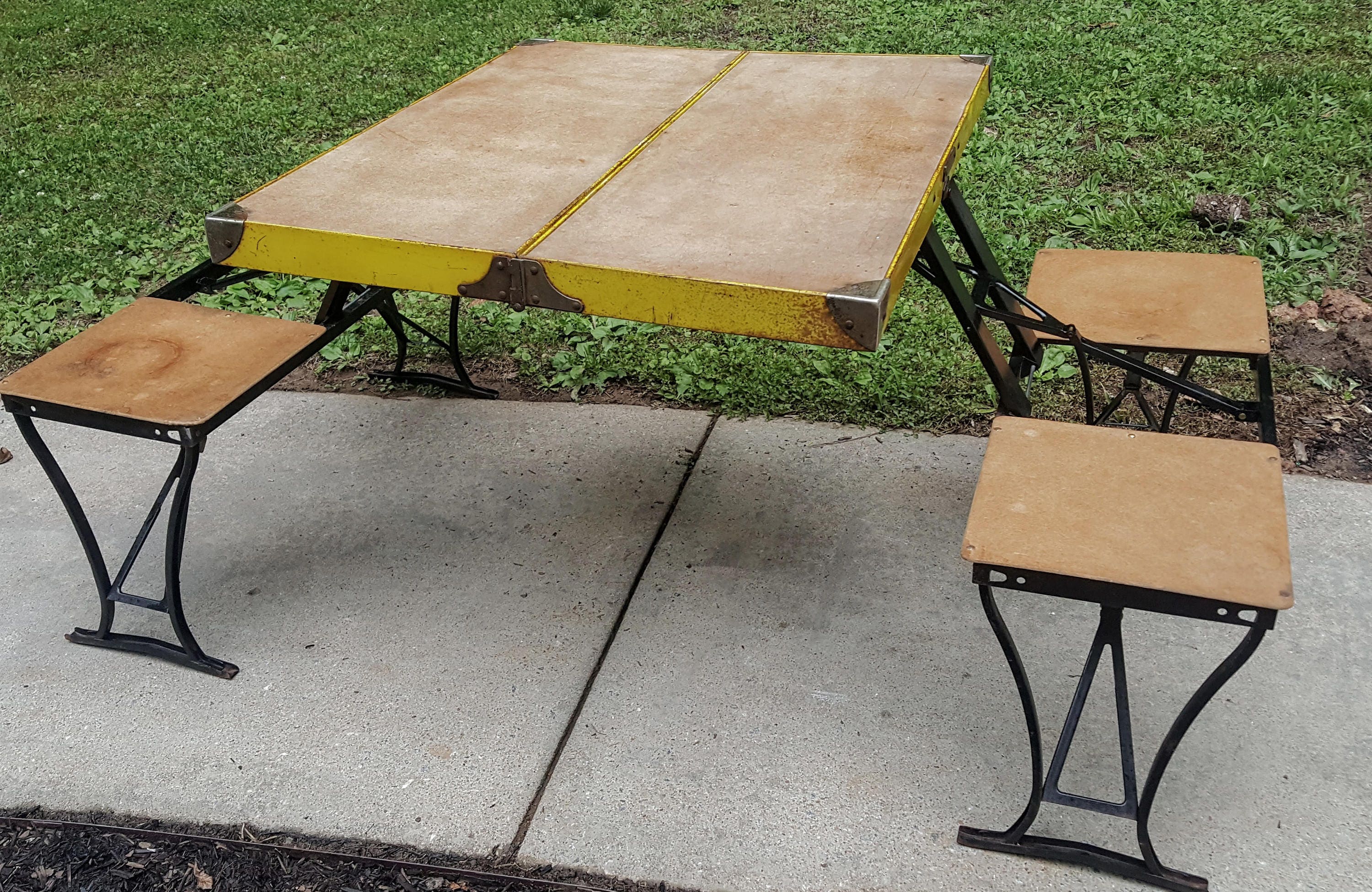 Picnic Table 1947 Vintage Wooden Camper Camping Folding Picnic Table Handy Chairs Milwaukee Stamping