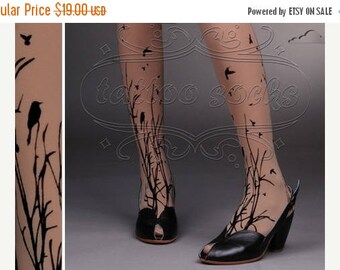 SALE///endsAug22/// fabulous FOREST SYMPHONY tattoo thigh-high nylons Deep Mocha