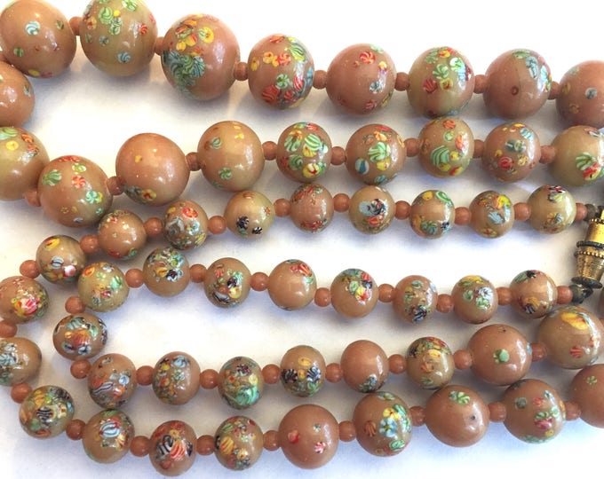 SALE 30% off Vintage necklace Japanese millefiori beads coffee Tan beige latte Color Jewelry little flowers graduated 21 inches 16mm