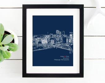 Pittsburgh Skyline, Personalized Wedding Gift, Custom City Skyline Wall Decor, First Year Anniversary Gift Paper Engagement Gift for Her
