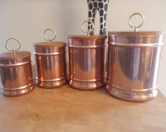 Vintage Copper Canisters set of 4 wood lids made in Thailand