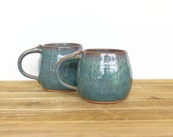 Stoneware Rustic Ceramic Pottery Mugs - Sea Mist - Set of 2