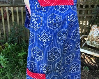 Vintage Blue and White Bandana Print with Red and White Polka Dot Trim Ladies' Smock Apron