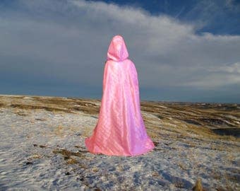 Pink Cloak Hooded Cape Satin Renaissance Medieval Camelot Prom Wedding Halloween Costume