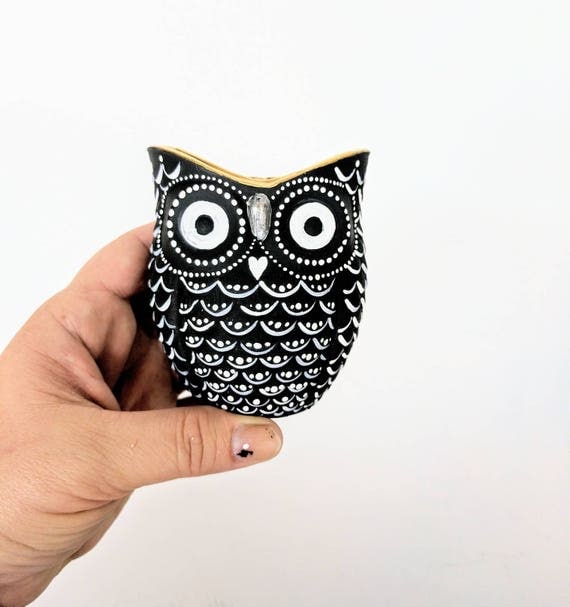 Black and White hand painted Owl shaped votive candle holder