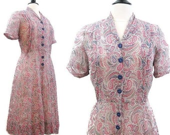 REDUCED Vintage 40s 50s Dress Sheer Rayon Pink Blue Paisley Print Shirtwaist Day Dress M