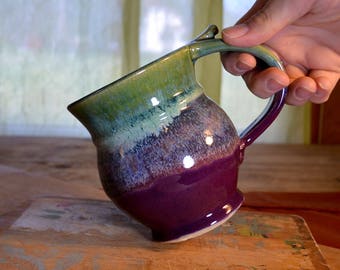 Made to order Coffee mug ceramic, tea cup pottery, glazed in purple and green, handmade stoneware by hughes pottery hand made