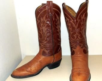 Two tone brown Tony Lama cowboy boots size 8.5 D or cowgirl size 10 with stacked wood heels