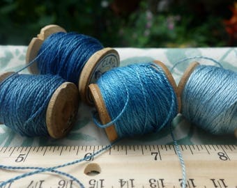 Silk Embroidery Thread Natural Dye on Vintage Wooden Spools Set of 4 Light Medium Dark Indigo Blue Shades Hand Dyed 20 Yards on Each Spool