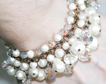 Mid Century Pearl Crystal and Chain Bracelet