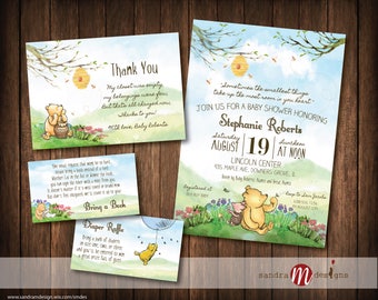Classic Winnie the Pooh Baby Shower, Birthday, Invite, Insert cards, Bring a Book, Thank you card, Favor Tags, Games