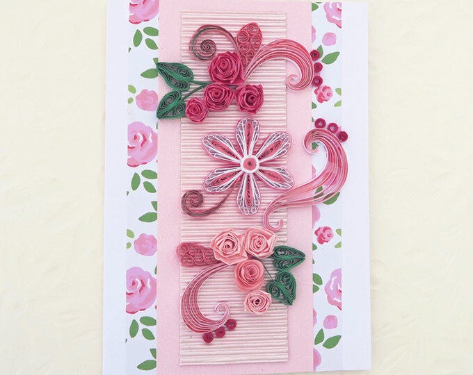 Paper Quilling Card,Pink Roses Card, Paper Quilled Crimson Flowers, Birthday, Floral Art, Mom, Florist Card,Congratulations, Thinking Of You