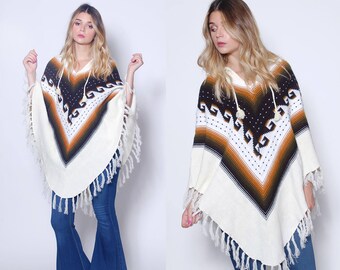 Vintage 70s TRIBAL Poncho Boho Poncho SOUTHWESTERN Poncho Hippie Sweater CHEVRON Stripe Poncho
