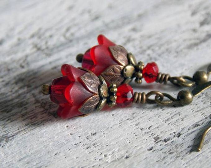 Red Flower Earrings Simple Dangle Tiny Red Tulip Flower Earrings Boho Earrings Small Earrings Jewelry