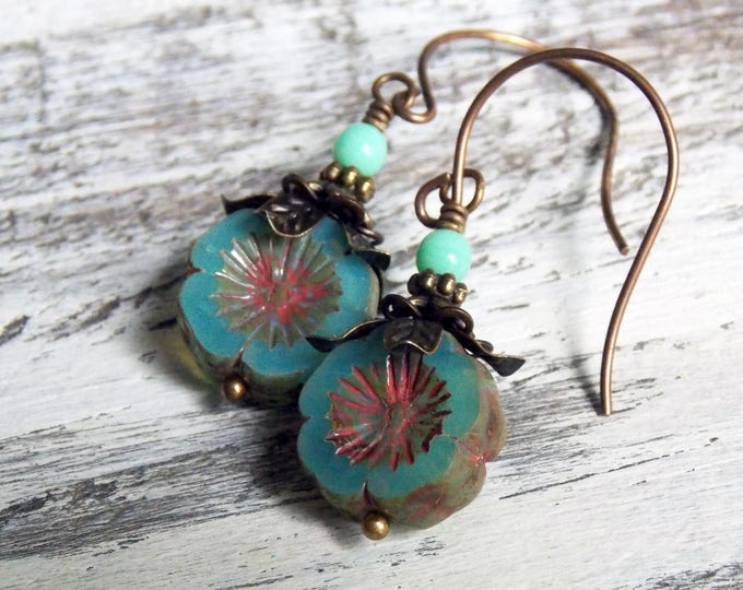 Blue Flower Boho Earrings Dangle Turquoise Mint Flower Czech Glass Brass Metal Hawaiian Rustic Bohemian Earrings Jewelry Woodland Earrings