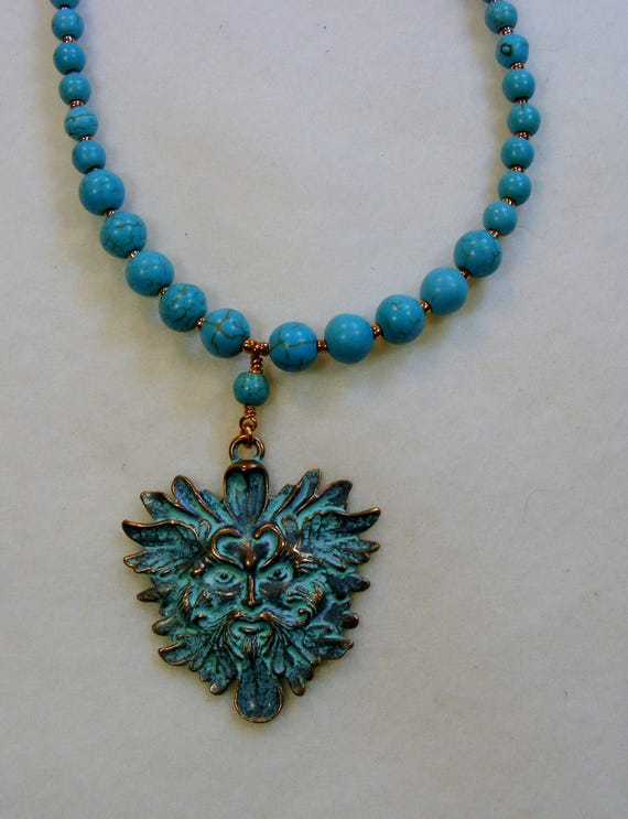 Green Man-turquoise and copper necklace graduated 25 3/4
