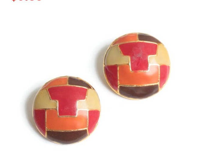 Domed Round Enameled Earrings Red Yellow Orange Brown Signed Celebrity Vintage Clip On