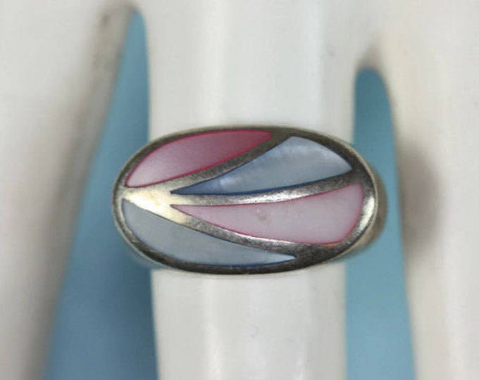 Vintage MOP Ring Channel Inlay Setting Pink Blue Shell Sterling Silver Size 7.5
