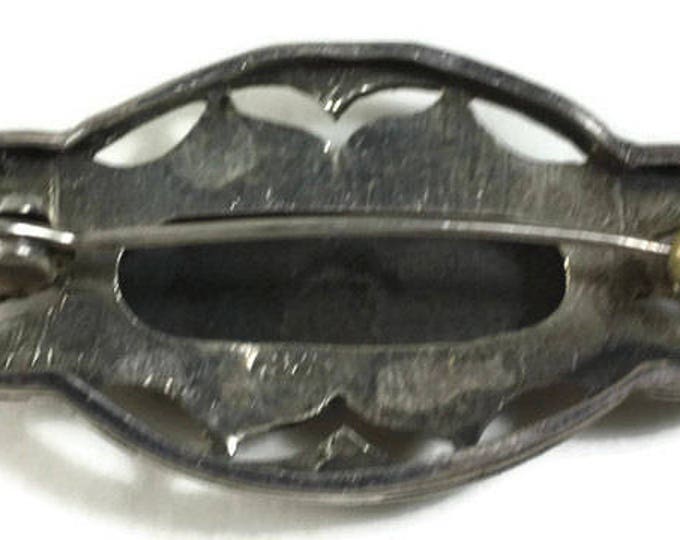 Art Deco Style Black Cabochon Brooch Marcasites Sterling Silver Oval Shape Cut Outs Vintage