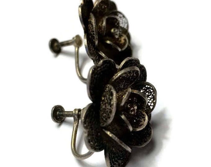 Silver Filigree Flower Design Earrings Dimensional Screw Back Vintage