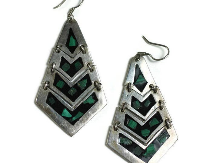 Malachite and Black Inlay Earrings Sterling Articulated Boho Dangle Taxco Mexico