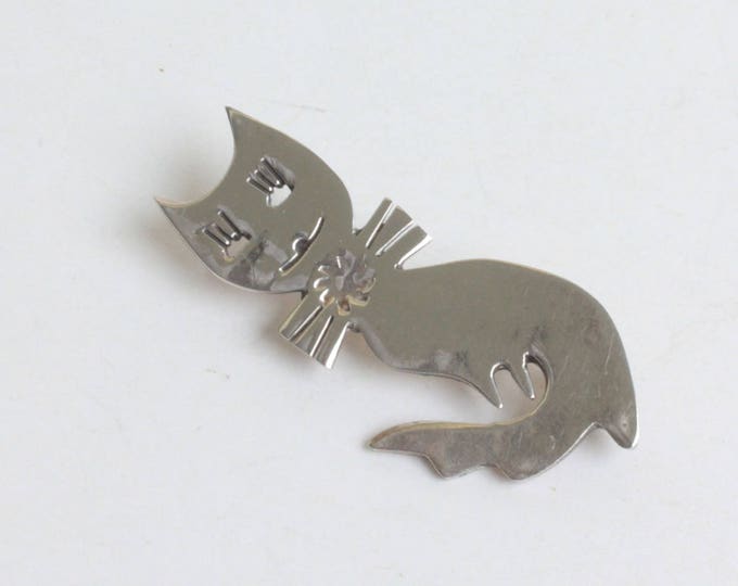 Smiling Cat with Bow Tie Brooch Sterling Silver Cut Out Design Curled Tail Taxco Mexico Signed