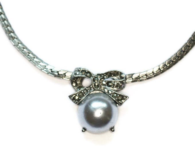 Faux Pearl with Marcasites Bow Necklace Signed 1928 Vintage