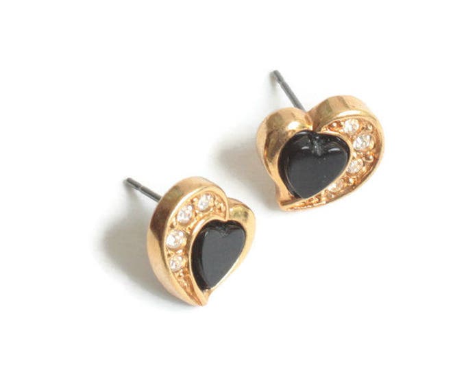 Small Heart Earrings Black Center Clear Rhinestones Posts Signed Avon Vintage