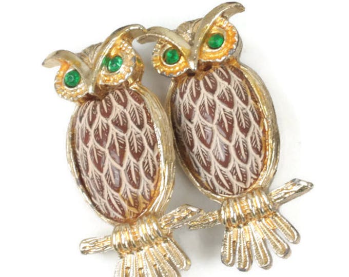 Pair of Owl Pins Brown Simulated Feathered Chest Green Rhinestone Eyes Smaller Size