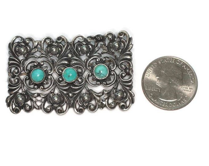 835 Silver Open Work Repousse Brooch Turquoise Cabochons Art Deco Era Signed Vintage