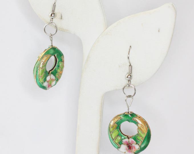 Cloisonne Dangle Earrings Floral Pink and Green Open Circle Shape