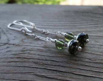 Rare Genuine Faceted Gem Quality Moldavite Gemstone Sterling Silver Dangle Earrings