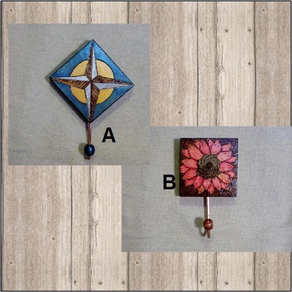 wall hook wreath hook nautical star or red daisy 3D pyrography