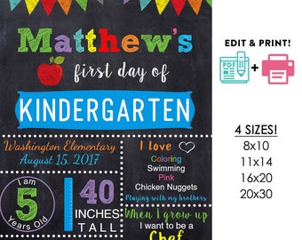 BOYS editable printable First day of school poster | any grade DIY chalkboard Instant download sign Digital File PDF 16x20 or 20x30 8x10