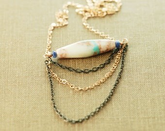 Ribbon Turquoise Sapphire Mixed Metal Necklace, Turquoise Multistrand Necklace, Boho Chic Birthstone Necklace