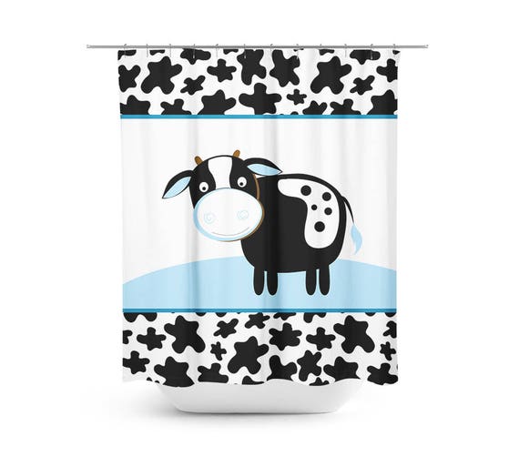 Blue Dairy Cow Shower Curtain, Kids Bathroom, Farm Bath, Black and White Cow Bathroom Decor by 